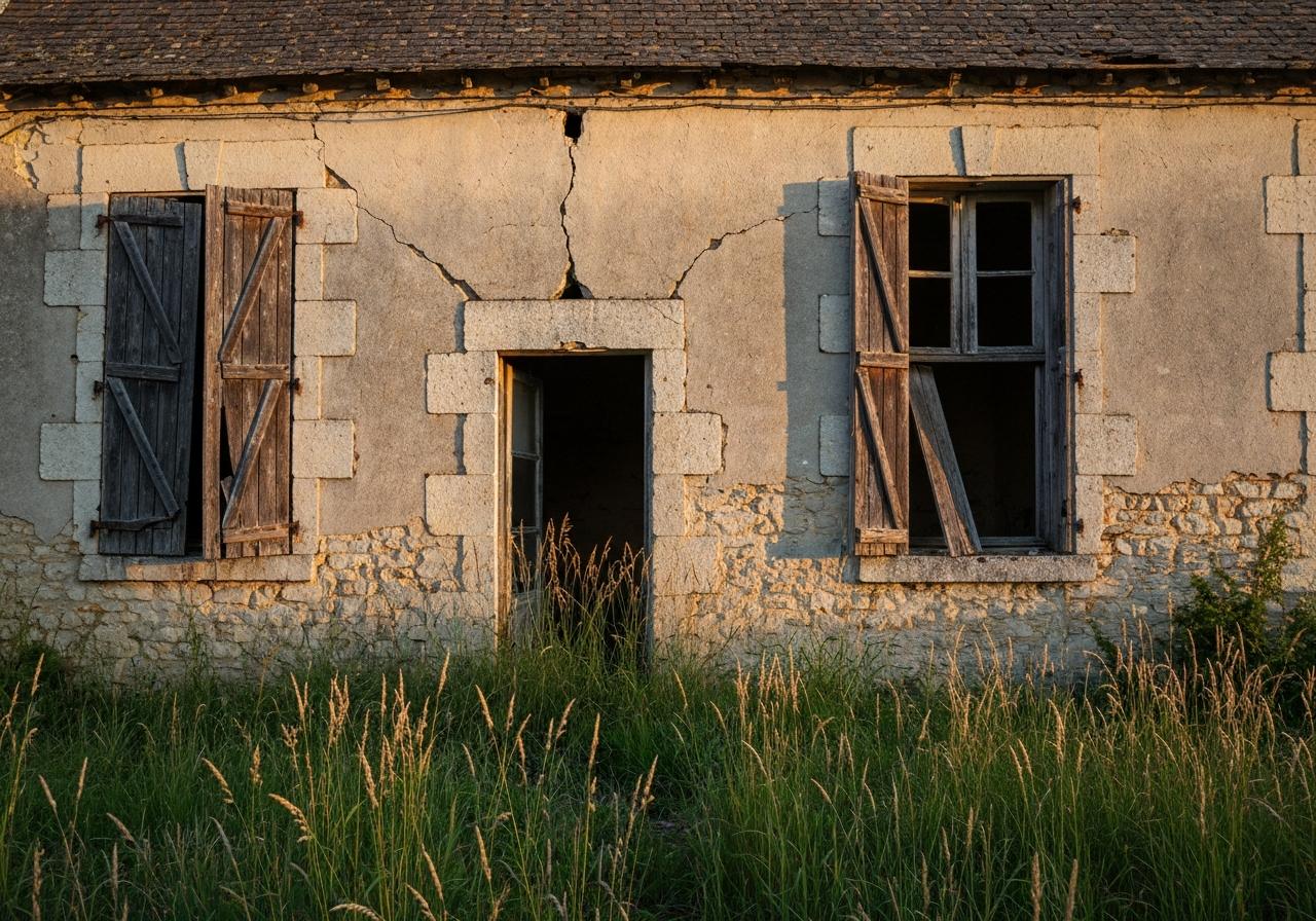 Ancienne maison en pierre abandonnée en zone rurale française