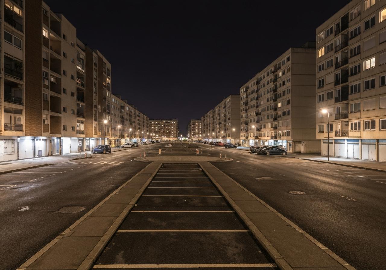Barres d'immeubles années 70 en banlieue parisienne de nuit