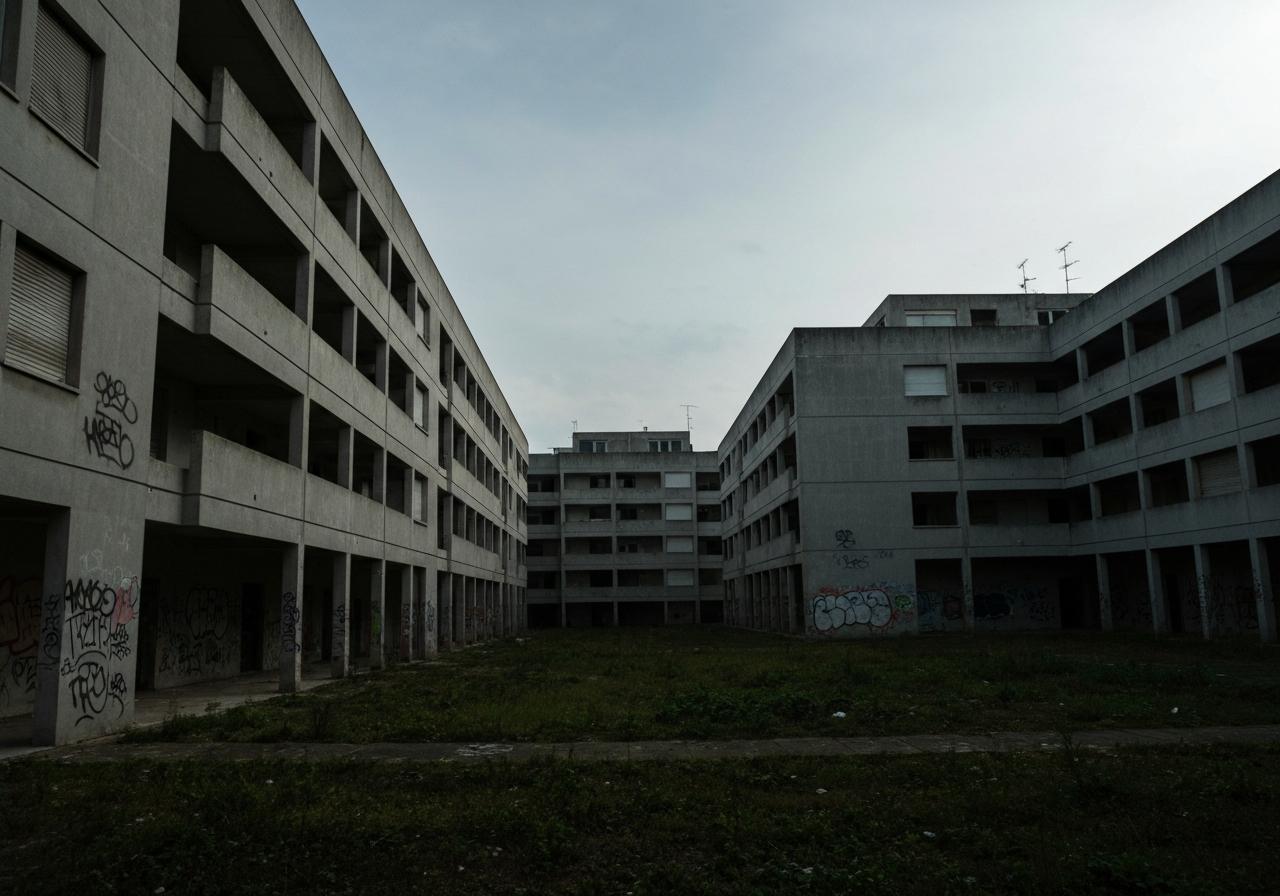 Barres HLM dégradées dans quartier populaire français