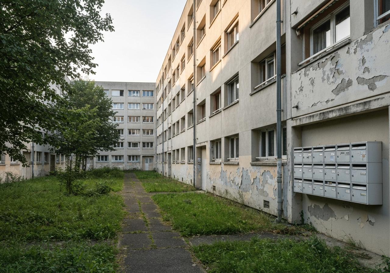 Façade d'immeuble HLM dégradé en banlieue française