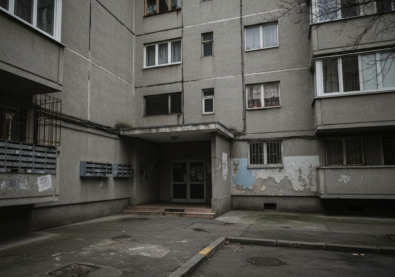 Immeuble collectif dégradé années 70 banlieue française
