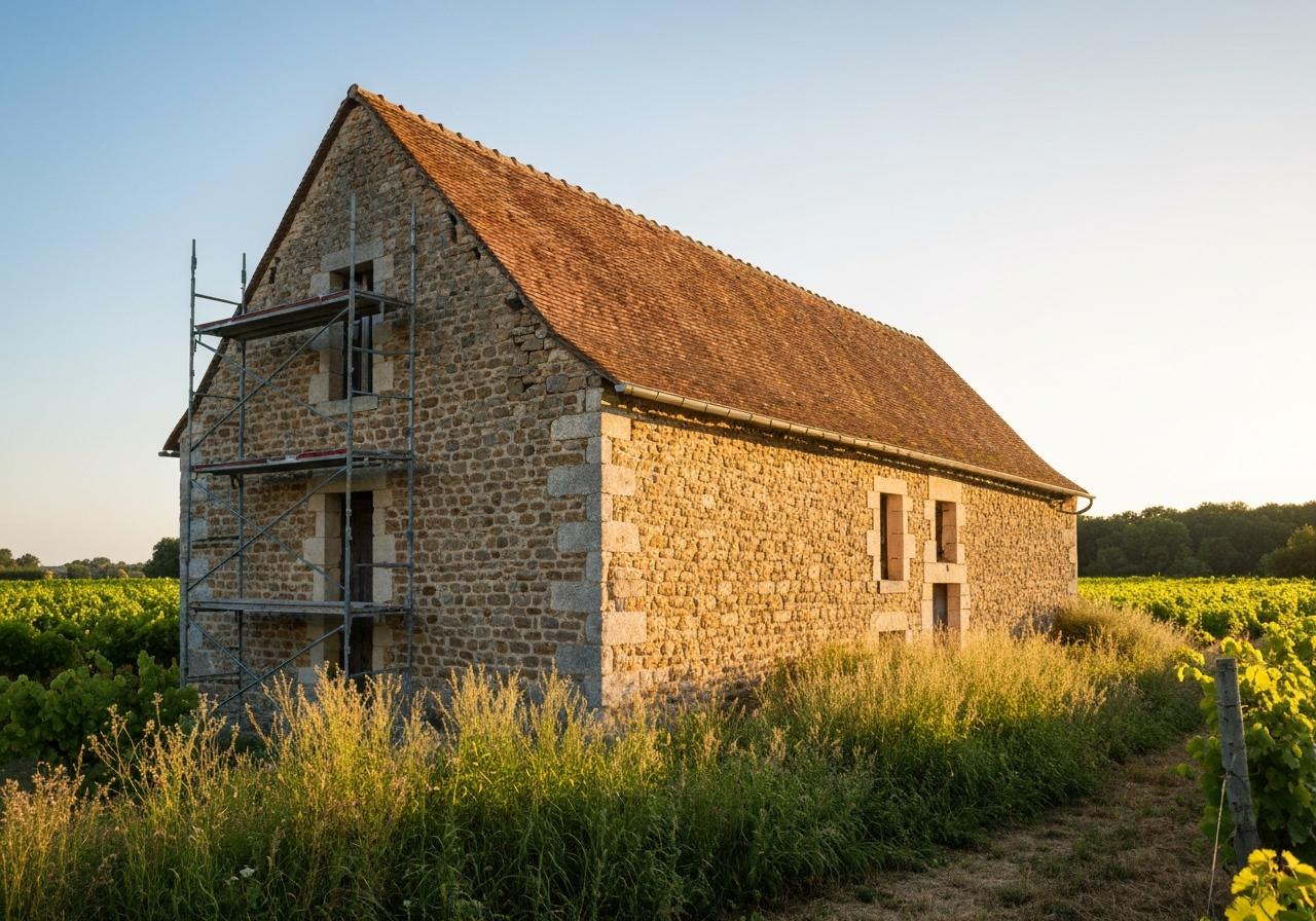 Ancienne grange en pierre en cours de rénovation extérieure
