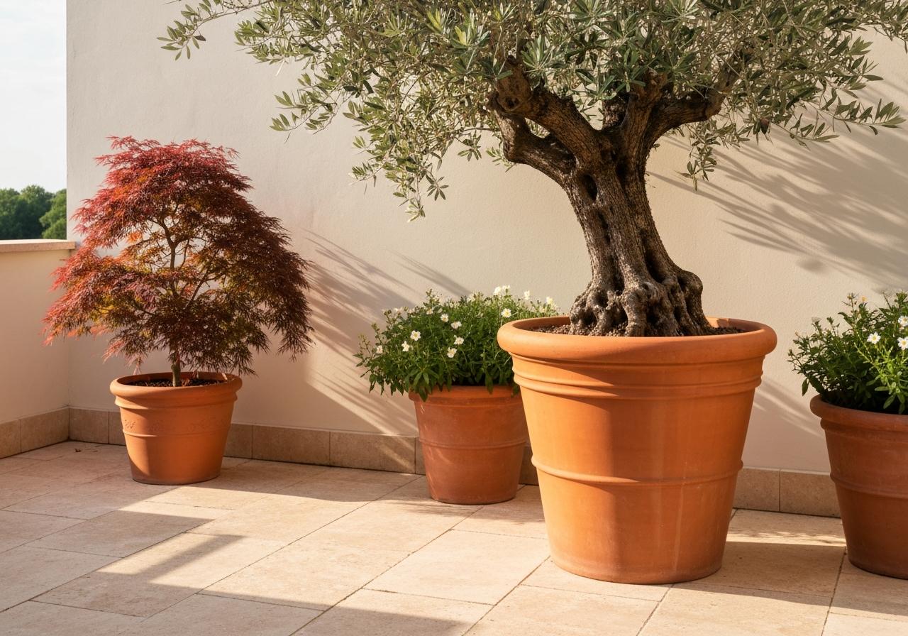 Grands pots terrasse méditerranéenne olivier érable