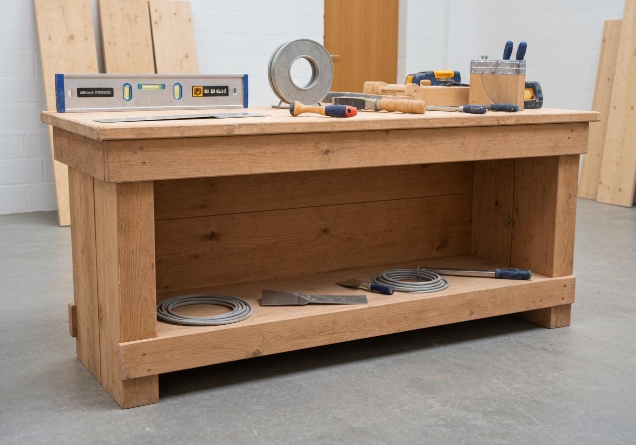 Outils de rénovation intérieure posés sur établi d'atelier
