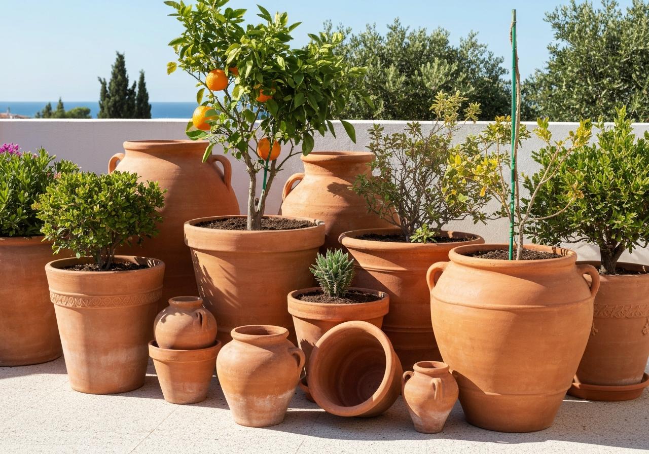 Pots de terrasse en terre cuite exposition soleil