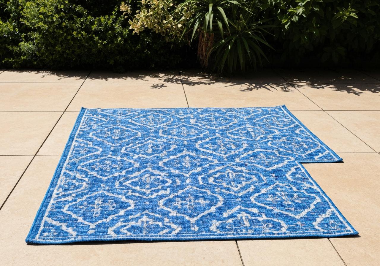 Tapis extérieur polypropylène sur terrasse carrelée ensoleillée