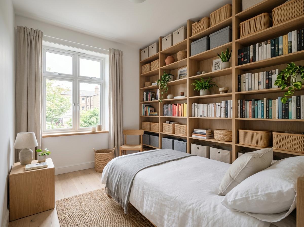 Étagères murales en bois dans une petite chambre