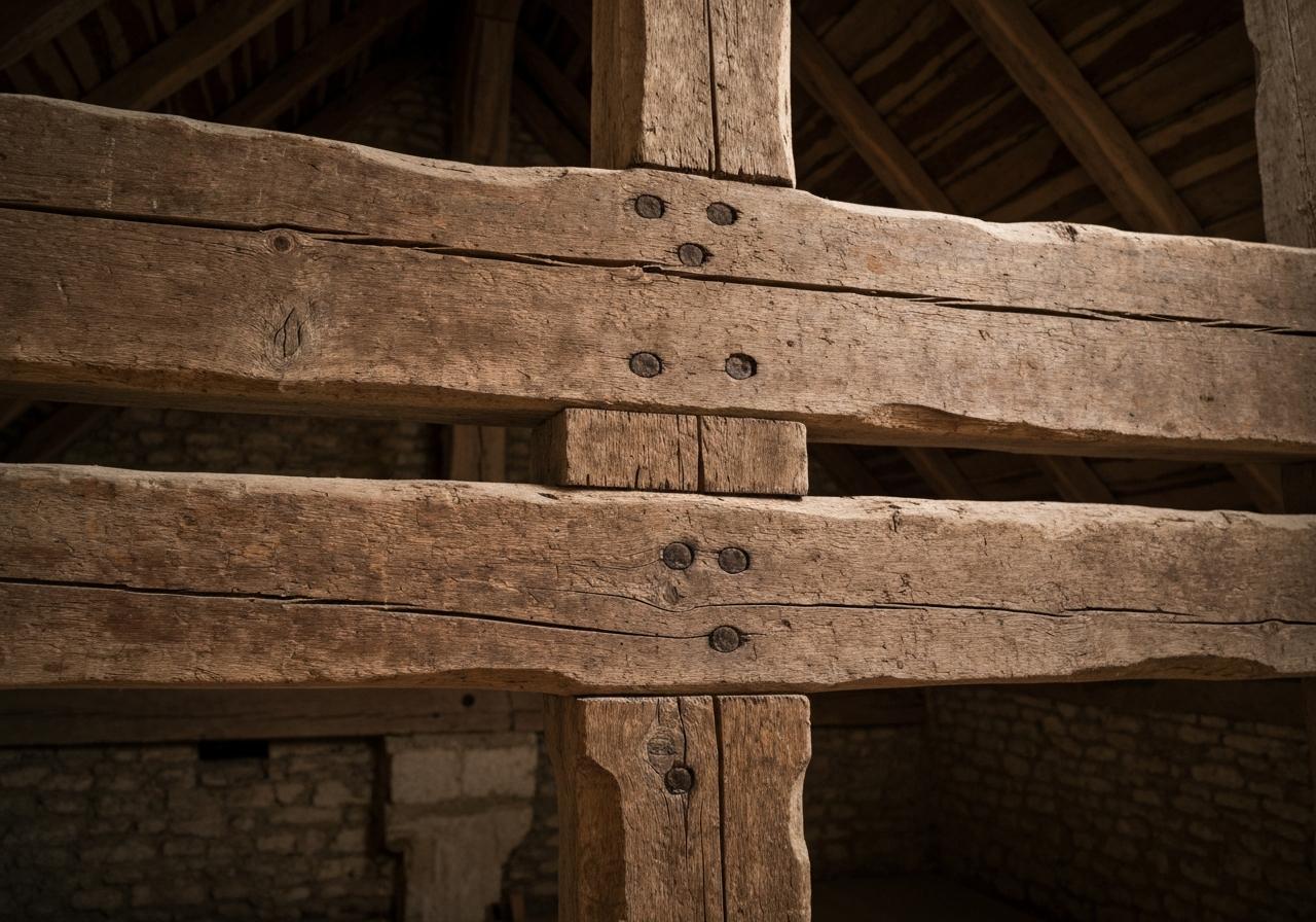 Solives en bois ancien vues depuis dessous plancher