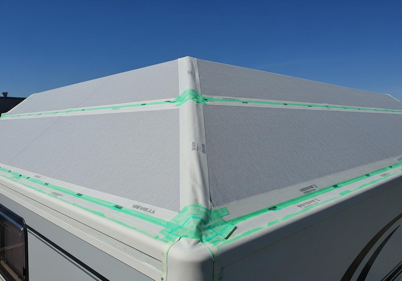 Toiture de mobil-home avec joints et membranes visibles